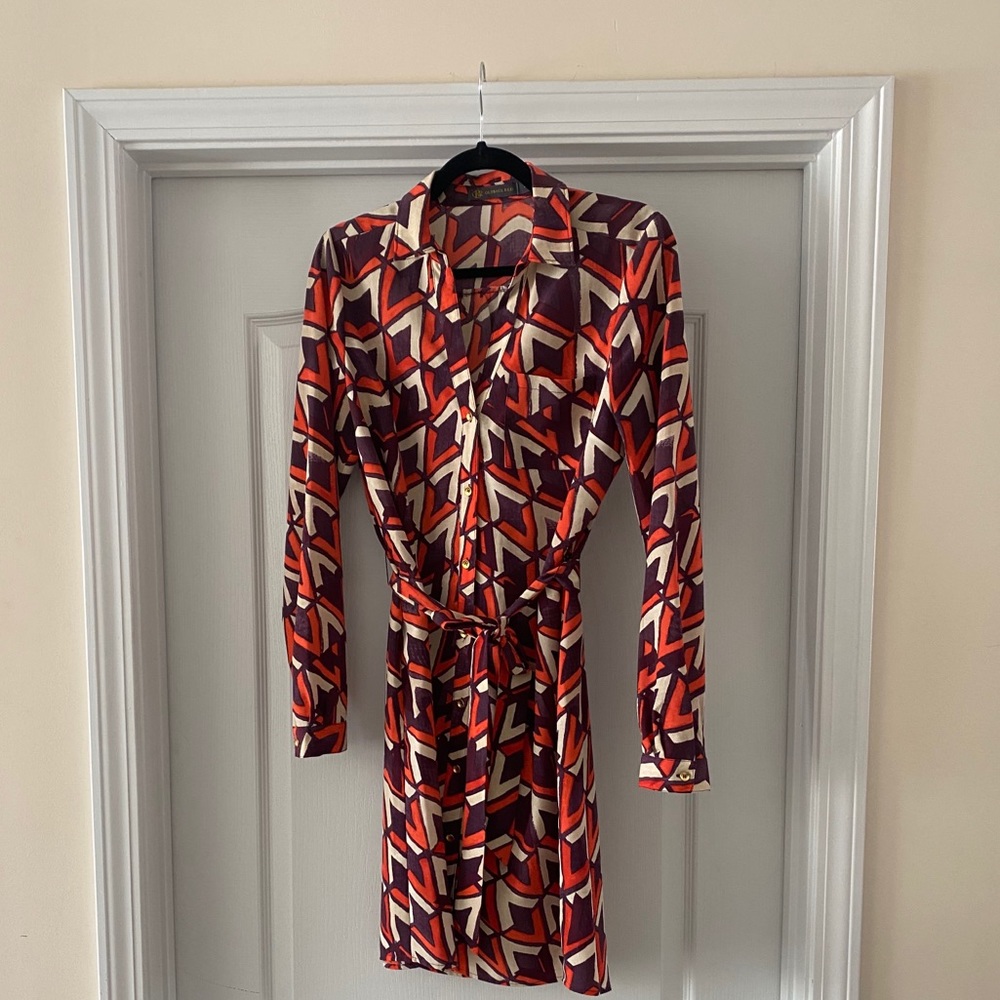 Orange, purple, and cream long sleeve shirt dress